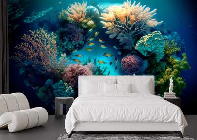 Aerial shot of a coral reef and marine life in the ocean Wall mural