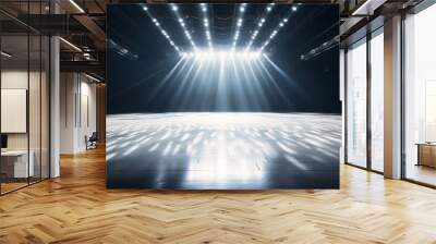 Crisp white light illuminating an empty stage, highlighting the scuffs and marks of countless performances Wall mural