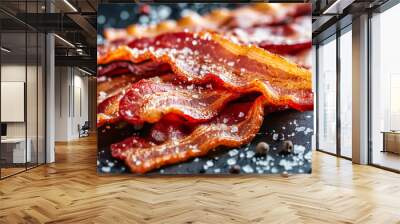 Delicious crispy bacon strips in a pan, highlighting the savory taste of breakfast cuisine Wall mural