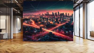 digital economy and data on the city at dusk Wall mural