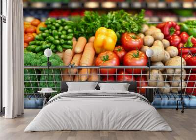 Supermarket Aisle with Fresh Produce, Shopping Cart Full of Groceries and Vegetables Wall mural