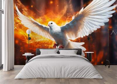 the white dove flying through the fire Wall mural