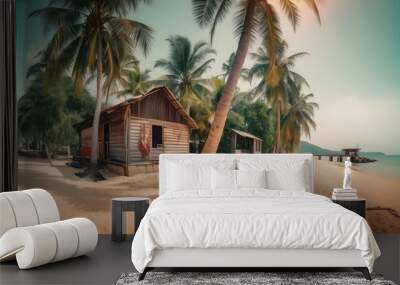 beautiful beach with resorts and tropical palm trees. Summer seascape vacation concept. Wall mural