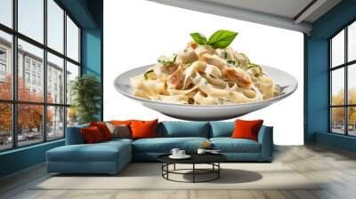 Plate of fettucini alfredo with garnish isolated on transparent background for menu, side view, delicious Italian pasta dish food menu. generative ai Wall mural