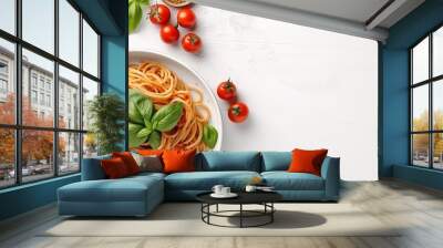 Spaghetti with bolognese sauce, basil, tomato isolated on white background, Italian pasta on white plate, text copy space, top down view, view from above, flat lay, banner design. generative ai Wall mural