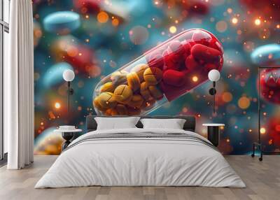 A captivating close-up of a capsule pill with a whirl of medical concepts in vivid colors. AI Generative. Wall mural