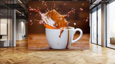 A close-up of a white coffee cup with a splash of coffee frozen mid-air, set against a wooden background, emphasizing motion and energy. Wall mural