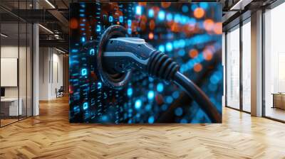 A close-up of an EV charging port with neon blue lights glowing against a backdrop of digital codes, emphasizing modern energy solutions. Wall mural