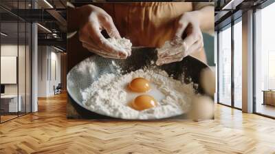 A person focuses on adding precise ingredients to a bowl, with two eggs and flour, embodying the care and artistry of baking. Wall mural