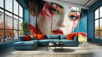 A striking portrait of a young woman with vibrant red and white face paint, traditional Japanese attire, and expressive eyes, exuding beauty and mystery. Wall mural