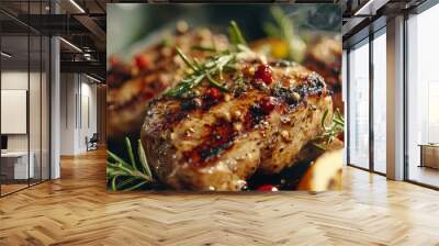 Close-up of a juicy, grilled pork chop seasoned with peppercorns and rosemary, capturing the essence of a succulent, flavorful meat dish. Wall mural