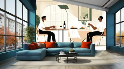 Two men enjoy a refined dining experience, engaging in conversation in a bright, chic restaurant setting with stylish decor and large windows. Wall mural