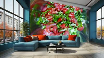 chopped raw carrot capsicum tomato green pee Wall mural