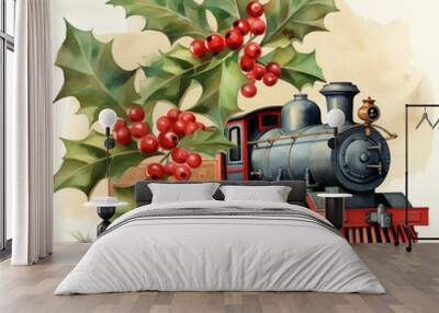 A cartoon Christmas train and holly and berries watercolor Wall mural