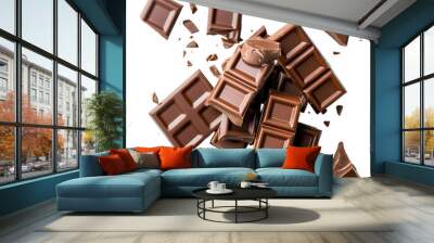 Chocolate bar pieces, top view isolated on Transparent background.  Wall mural