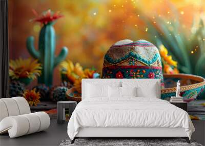 Fantasy fiesta cinco de mayo colorful, cactus and sombrero hat, yellow green red background. Wall mural