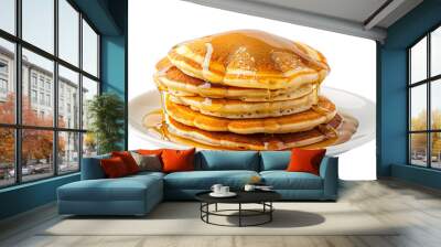 Fluffy pancakes on a plate, side view, isolated on Transparent background.  Wall mural