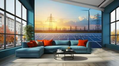 Silhouette of powerplant, solar cell plant and wind generators. Energy concept Wall mural