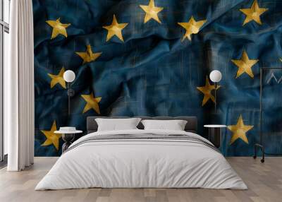 Top view of the twelve yellow stars of a European Union blue flag, made of satin fabric. Wall mural