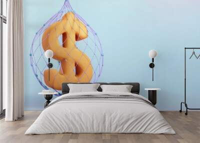 A 3D representation of a dollar sign captured in a net, symbolizing financial security and investment protection. Wall mural