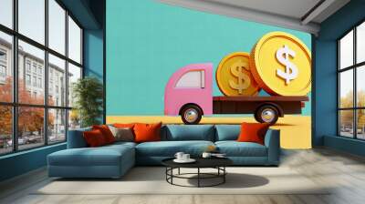 A colorful truck carries large dollar coins, symbolizing finance, delivery, and commerce against a vibrant background. Wall mural