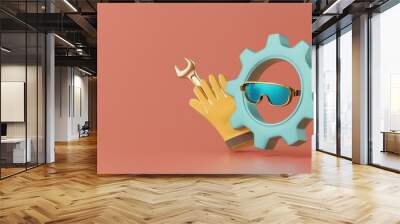 A playful composition featuring a gear, glove, wrench, and sunglasses, perfect for showcasing tools and craftsmanship. Wall mural