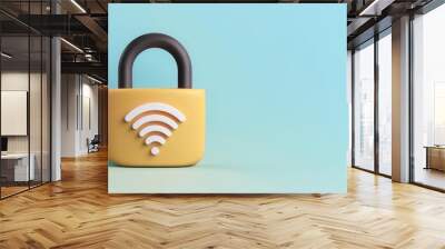 A vibrant yellow padlock with a Wi-Fi symbol, symbolizing internet security and protection against cyber threats. Wall mural