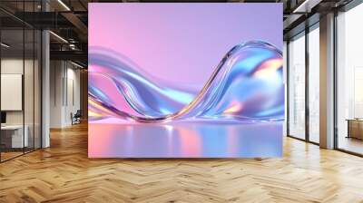 A 3D abstract background of iridescent holographic glass waves, creating a modern and futuristic aesthetic.  The colors and textures evoke feelings of fluidity, motion, and technology. Wall mural