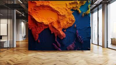 A 3D abstract relief map of Asia, showcasing the continent's diverse topography with vibrant, textured colors. The map is a unique and artistic representation of Asia, highlighting the continent's mou Wall mural