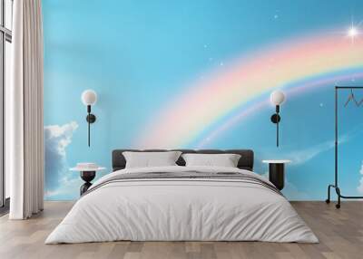 A beautiful watercolor background featuring a vibrant rainbow in a blue sky with fluffy white clouds, symbolizing hope, love, diversity, and celebration. Wall mural