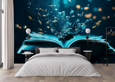 A book opens underwater, releasing a flurry of colorful fish and bubbles, symbolizing the boundless possibilities of imagination, reading, exploration, and the magic of the ocean. Wall mural