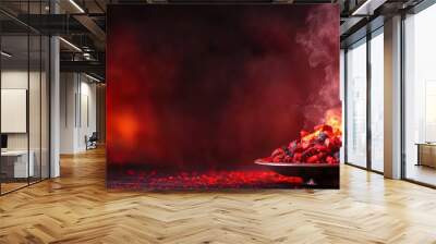 A bowl of red-hot coals with smoke rising, set against a dark red background. This image symbolizes passion, energy, and the power of fire. The smoke represents mystery and the unknown, while the copy Wall mural