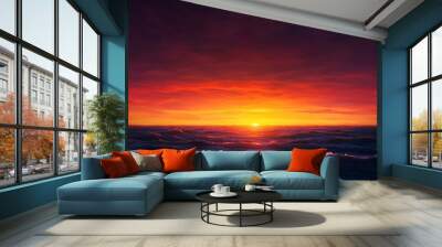 A breathtaking sunset over the ocean, with fiery orange and red hues painting the sky. The sun dips below the horizon, casting a warm glow on the rolling waves. The scene symbolizes the end of a day,  Wall mural