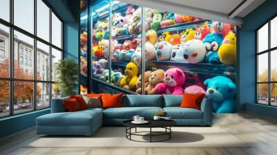 A brightly lit arcade claw machine filled with a variety of colorful plush toys, showcasing the appeal of amusement and prize-winning.  The machine is a symbol of fun, entertainment, and childhood mem Wall mural