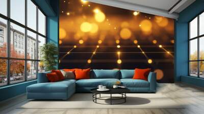 A captivating abstract image featuring a geometric grid in three dimensions, illuminated by a mesmerizing array of golden bokeh lights, symbolizing connection, technology, luxury, and a sense of movem Wall mural