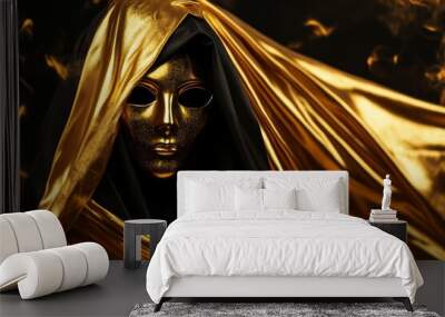 A captivating image featuring a figure cloaked in a flowing golden fabric, their face obscured by a golden mask. The mask suggests secrecy, while the gold symbolizes wealth, power, and transformation. Wall mural