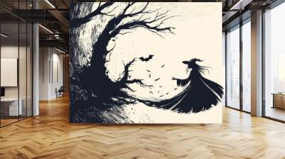 A captivating line art illustration depicting a witch silhouette against a backdrop of a swirling, twisted tree. The witch's flowing cape and hat evoke a sense of mystery and enchantment, while the ba Wall mural