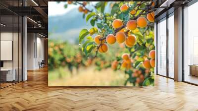 A close-up image of ripe apricots hanging from a branch in a lush orchard. The apricots are vibrant orange and yellow, symbolizing abundance, summer, sweetness, fruitfulness, and nature's bounty. Wall mural