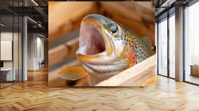 A close-up of a fresh trout with its mouth open, resting in a wooden crate. The image evokes a sense of freshness, abundance, and the natural world. Wall mural