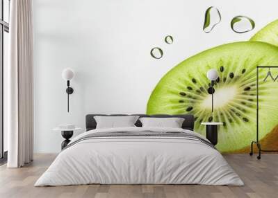 A close-up of a perfectly sliced kiwi fruit with water droplets flying around it. This image symbolizes freshness, health, and vitality. It's perfect for showcasing the juicy and delicious nature of k Wall mural