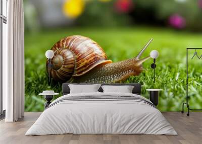 A close-up shot of a snail crawling on a bed of lush green grass. The snail's shell is beautifully patterned, and its body is extended, giving a sense of slow and steady movement. The image symbolizes Wall mural