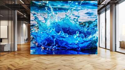 A close-up shot of a water splash in the ocean, showcasing the blue hues of the water and the dynamic movement of the liquid. The image symbolizes purity, energy, freshness, and the beauty of nature. Wall mural