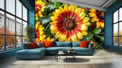 A close-up view of a cluster of red and yellow sunflowers in bloom. Their petals are bright and cheerful, symbolizing joy, happiness, warmth, and the beauty of nature. The flowers are set against a ba Wall mural