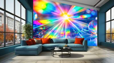 A crystal ball refracts light, creating a vibrant rainbow effect with rays of color radiating outward, symbolizing energy, reflection, and the beauty of light. Wall mural