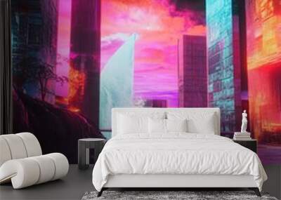 A futuristic cityscape in virtual reality with vibrant neon colors, towering buildings, a reflective pool, and two figures exploring the unexpected environment. Wall mural