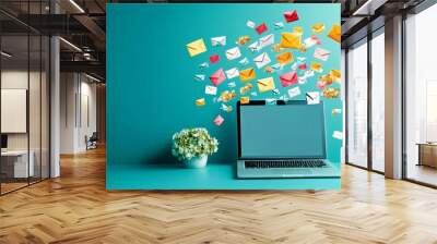 A laptop computer displaying an email marketing software dashboard with analytics, symbolizing data insights, customer engagement, email automation, campaign performance, and marketing success. Wall mural