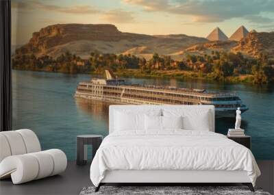 A luxurious cruise ship sails down the Nile River, offering breathtaking views of the iconic Pyramids of Giza. Enjoy a relaxing vacation and explore ancient Egyptian landmarks while enjoying the sceni Wall mural