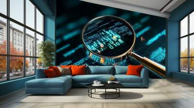 A magnifying glass is positioned over a digital surface displaying binary code, highlighting the importance of security in the digital age. This image symbolizes data security, code analysis, digital  Wall mural