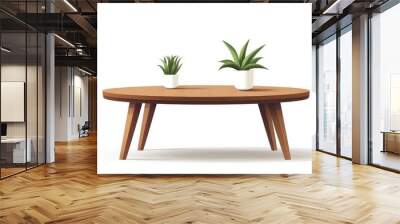 A minimalist illustration of a modern coffee table with a brown oval top and tapered legs, featuring two potted plants, symbolizing nature, home decor, relaxation, and contemporary design. Wall mural