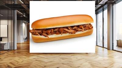 A mouthwatering pulled pork sandwich on a soft bun, perfect for a quick and satisfying meal. The pork is tender and flavorful, with a sweet and savory barbecue sauce. This sandwich is sure to please e Wall mural